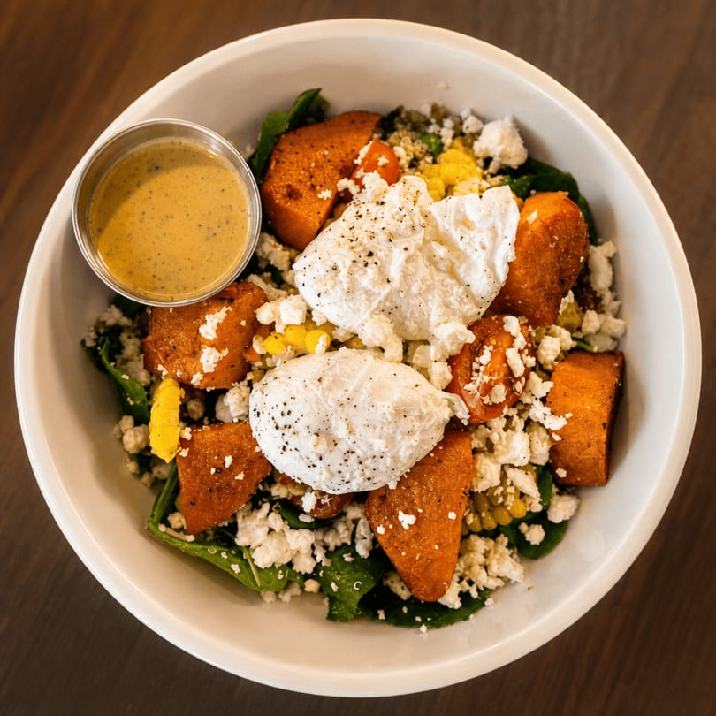 Overhead view of a salad with sweet potatoes, feta, poached eggs, and dressing.
